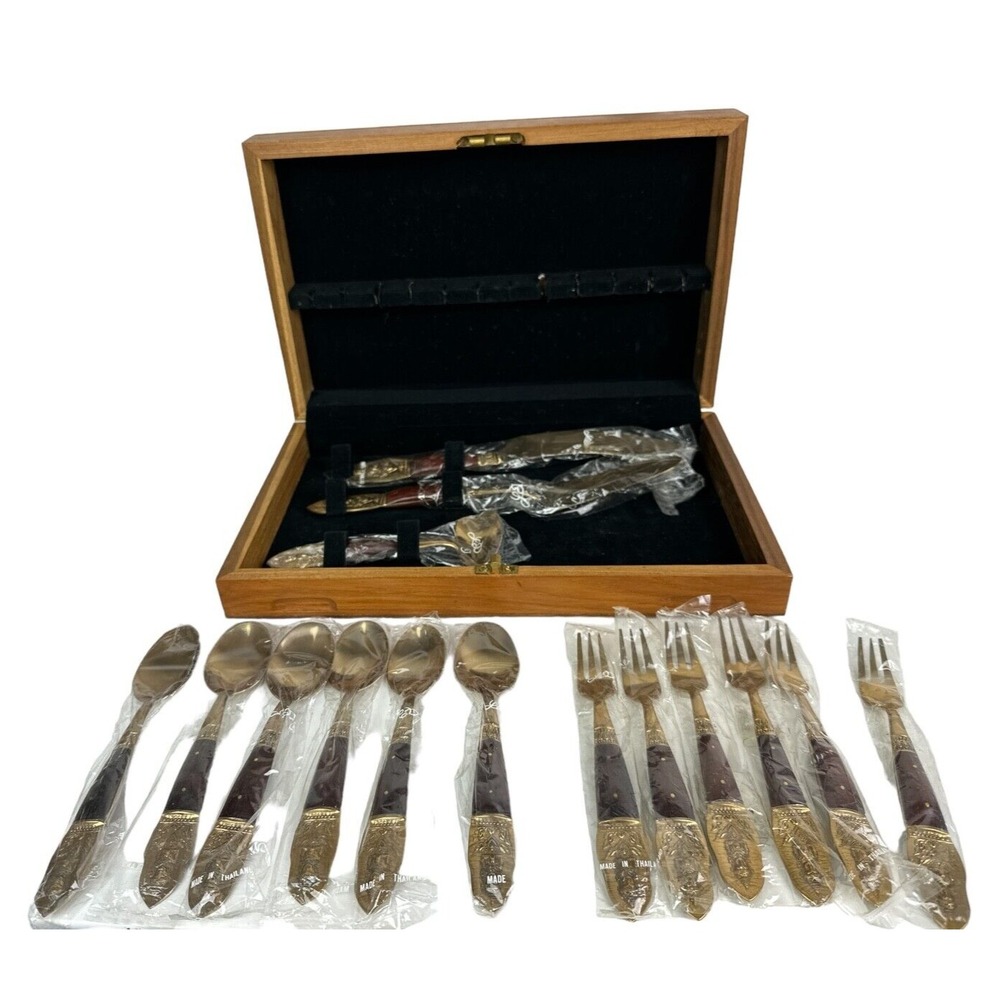 Vintage S. Samran Thailand Co. Bronze Cutlery Dessert Set 15 Pieces in Wood Box